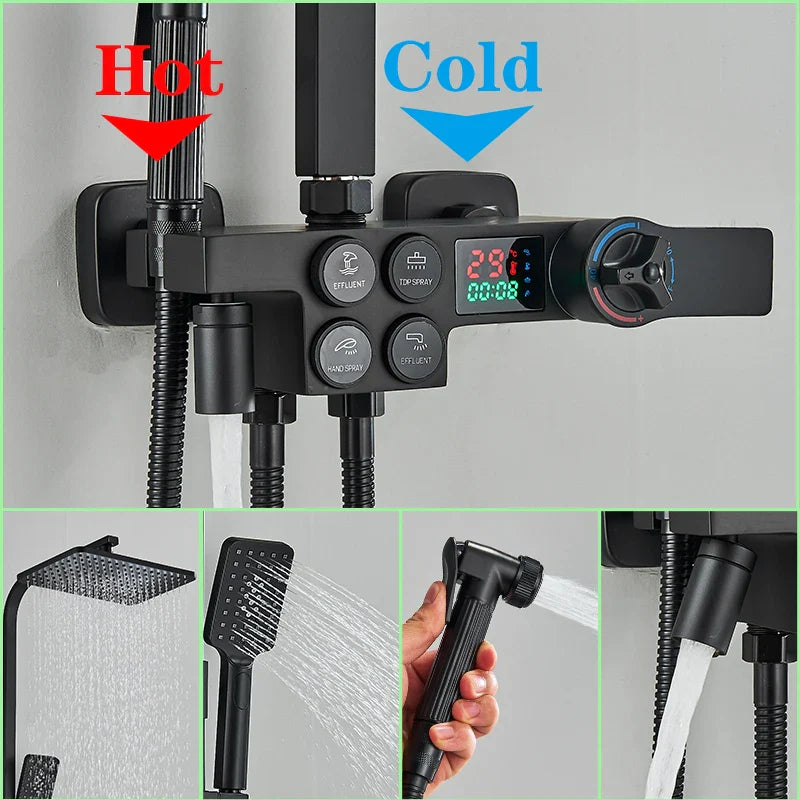 Afralia™ Digital Display Thermostatic Shower Faucet Set, Rain Shower Column, Wall Mount - Black/Chrome