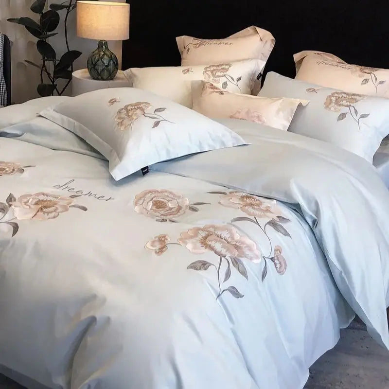 Afralia™ Flowers Embroidery Cotton Bedding Set Duvet Cover Flat Sheet Pillowcases 4Pcs