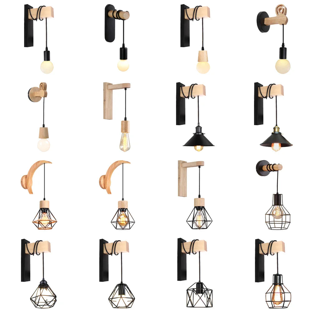 Afralia™ Loft American Iron Wood Wall Sconce Vintage Cage Guard Lampshade Fixture