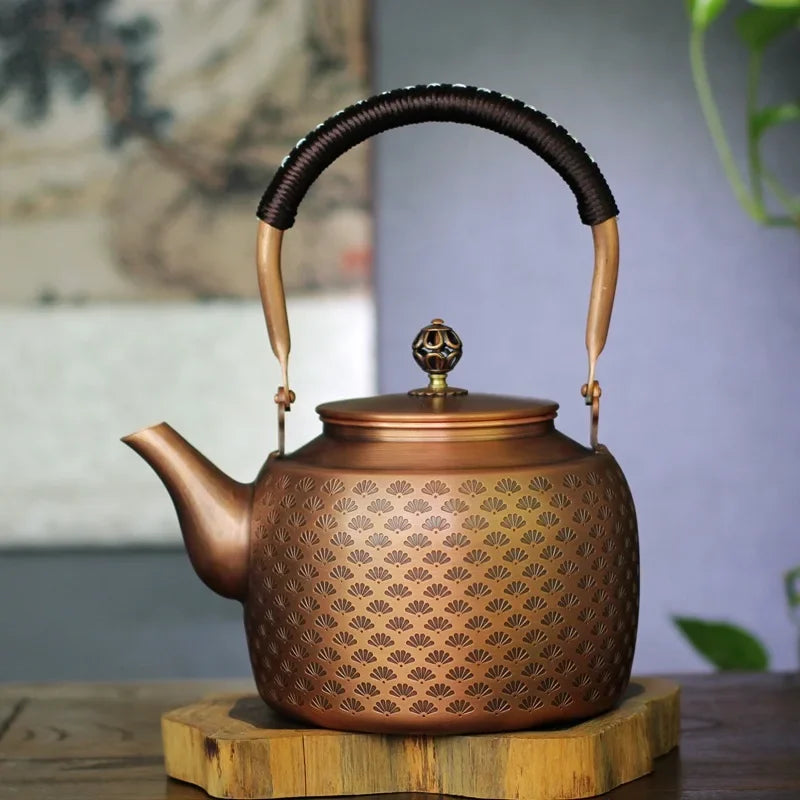 Afralia™ Vintage Copper Teapot 2L Gas Stove Charcoal Boiler Tea Set