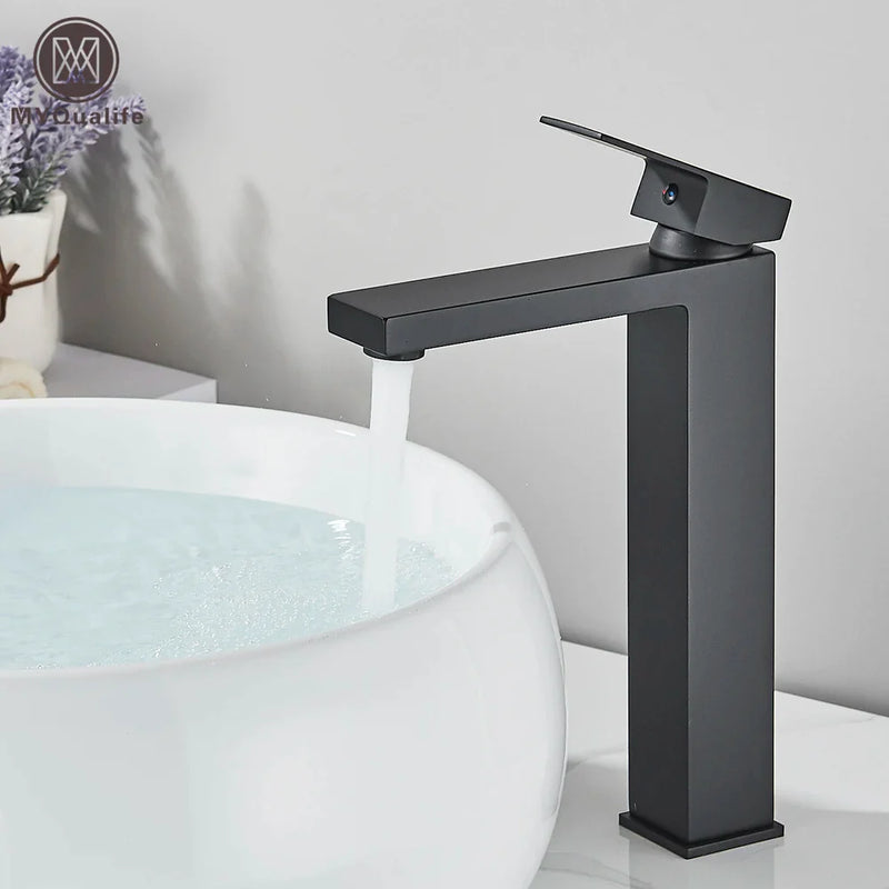 Afralia™ Black Brass Square Basin Faucet: Bathroom Washbasin Mixer Tap, Single Handle Tall Model.