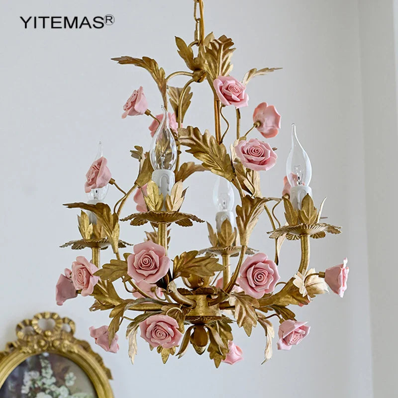 Afralia™ Pink Ceramic Flower Chandelier: Luxury Gold Princess Chandelier for Girls' Room