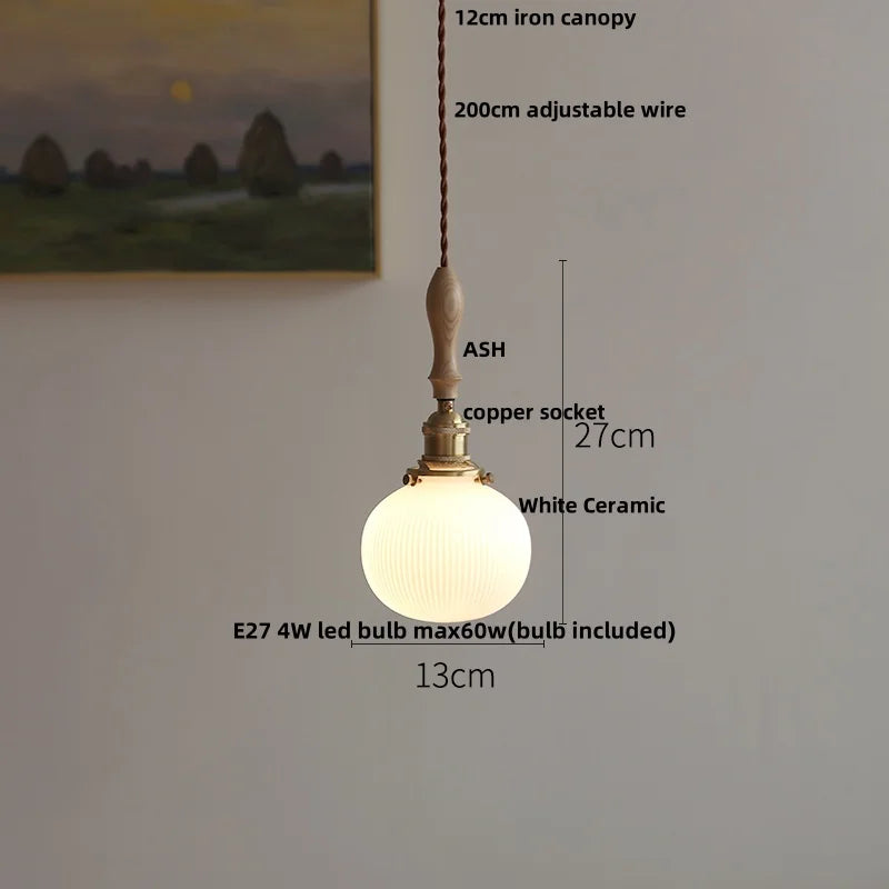 Afralia™ Adjustable LED Pendant Lights Ash Wood White Ceramic Modern Hanging Lamp