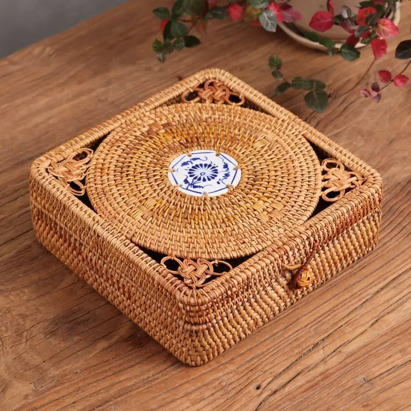 Afralia™ Handwoven Rattan Storage Box with Lid Chinese Knot Ornament for Kitchen Organization