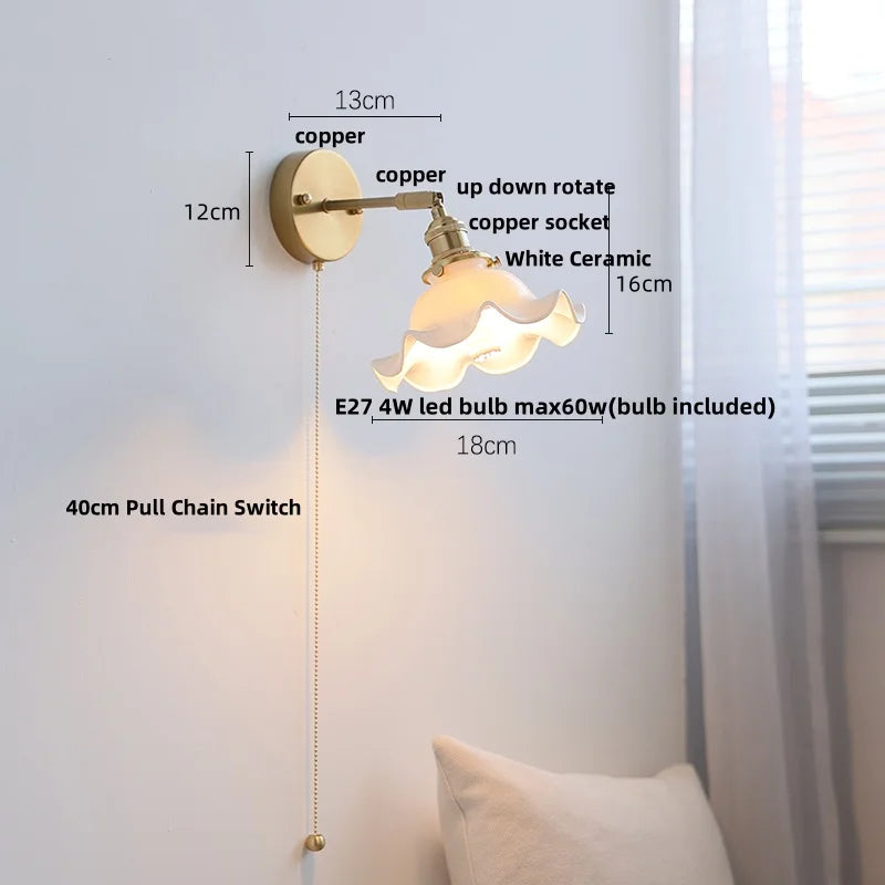 Afralia™ Ceramic LED Wall Lights | Pull Chain Switch | Bedroom Mirror Fixture