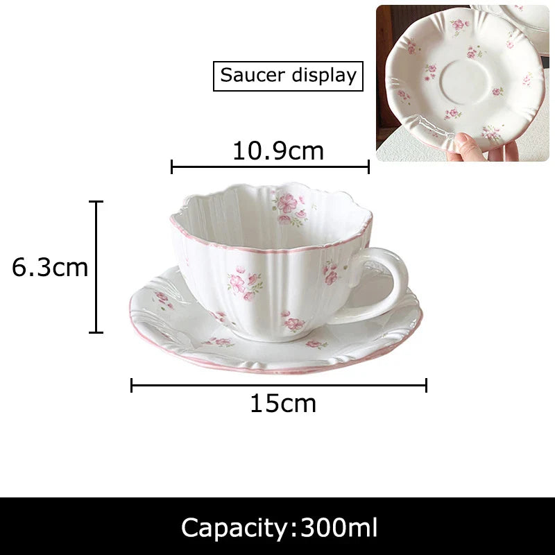 Afralia™ Cherry Blossoms Painted Porcelain Coffee Mug Cup&Saucer Set