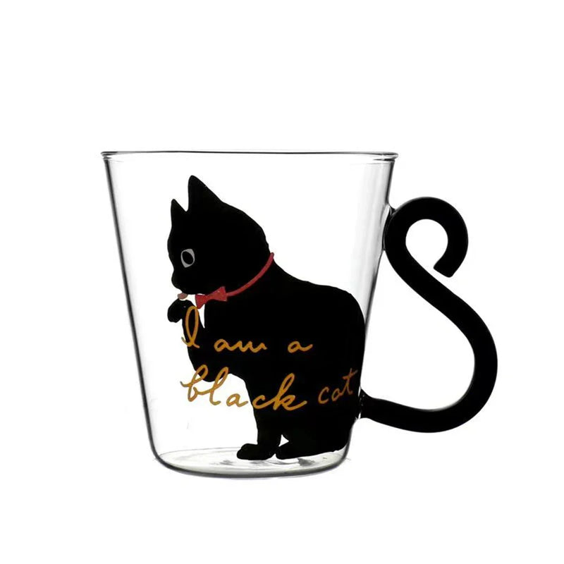 Glass Cat Tail Handle Mug, 300ml, Cute Cartoon Kitty Print, for Coffee, Tea, Milk - Afralia™