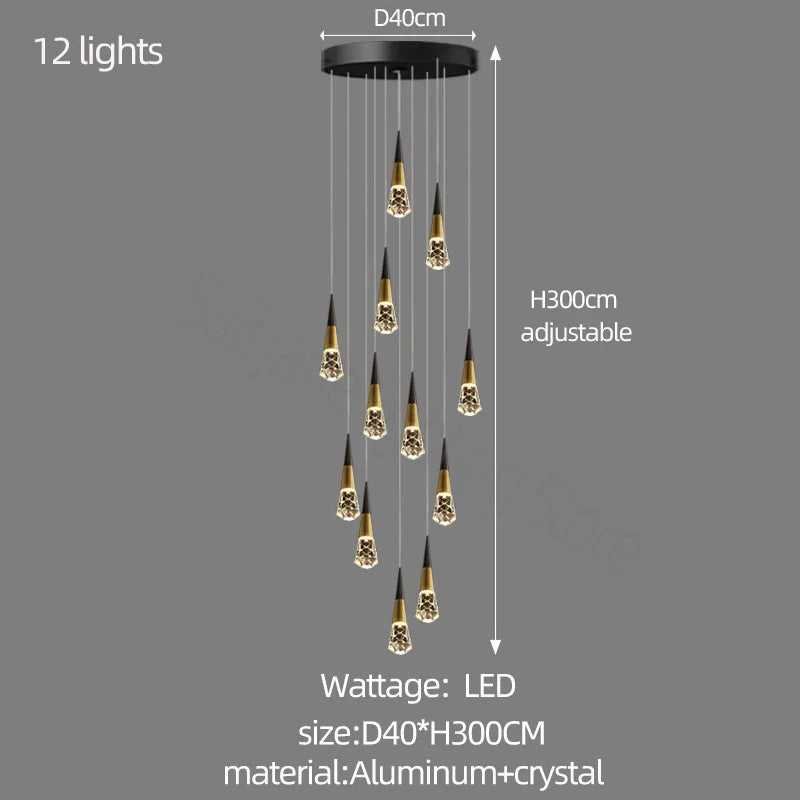 Afralia™ Crystal Chandelier for Stairwell and Living Room Dimming Lighting