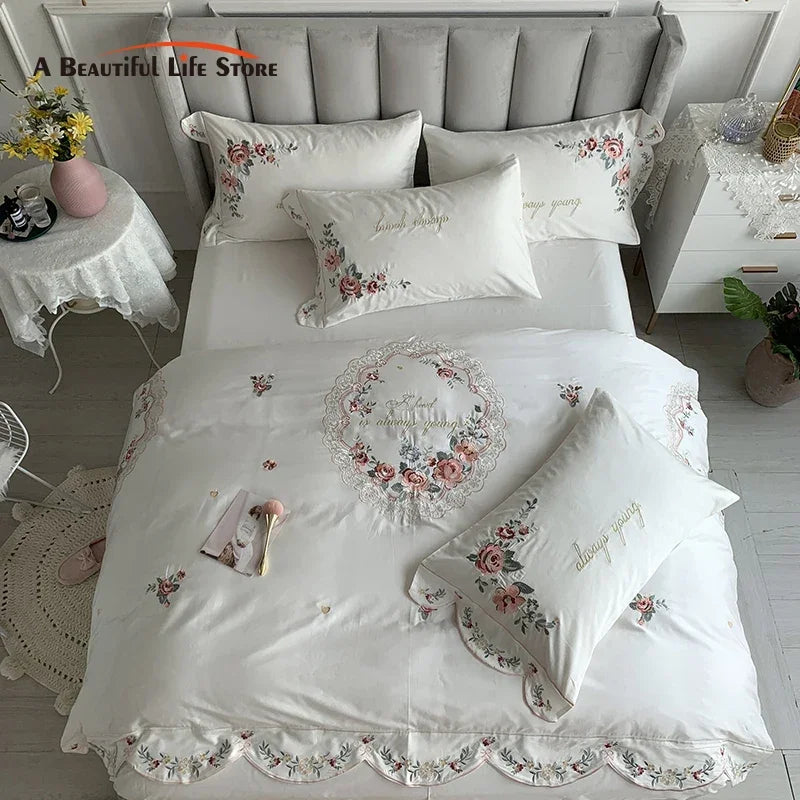 Afralia™ White Embroidered Egyptian Cotton Bedding Set, Pastoral Flowers Theme
