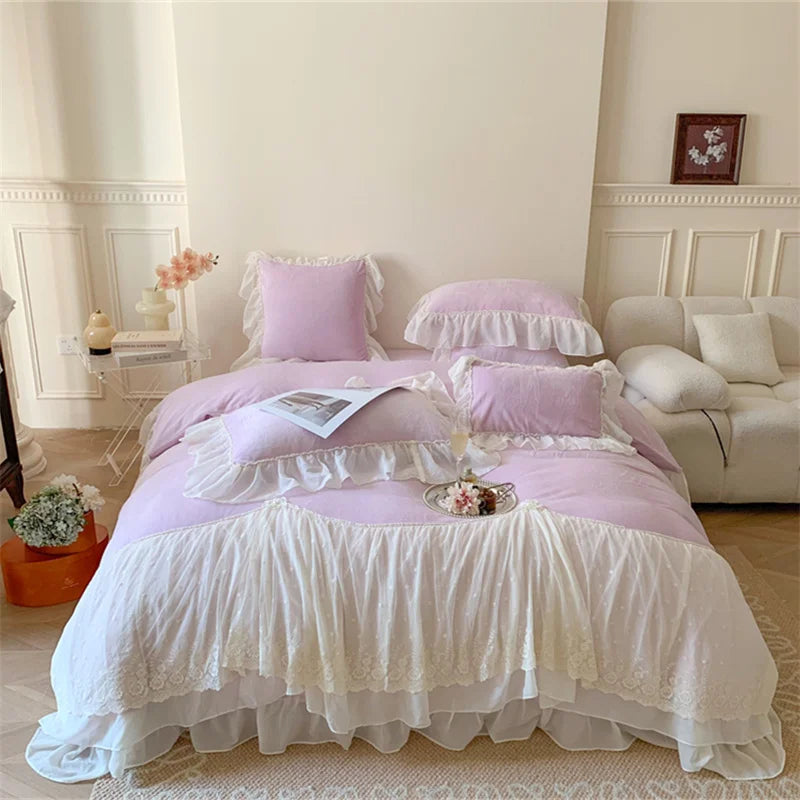 Afralia™ French Princess Velvet Bedding Set, Queen Size with Lace Ruffles