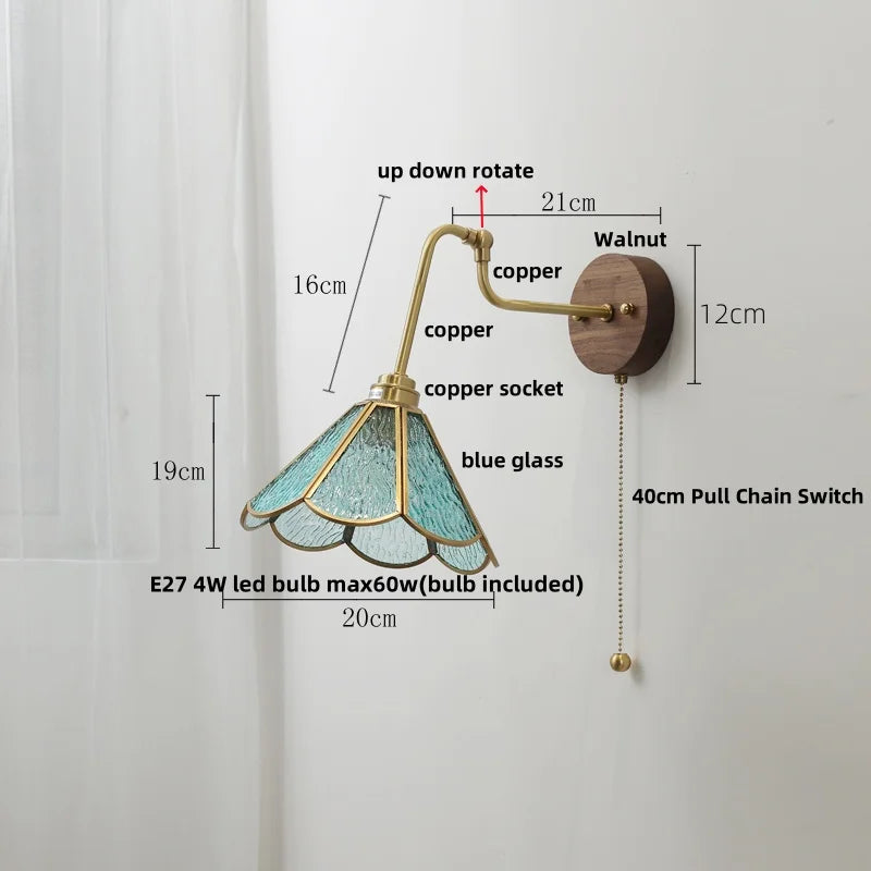 Afralia™ Tiffany Blue Glass LED Wall Light with Rotating Pull Chain Switch