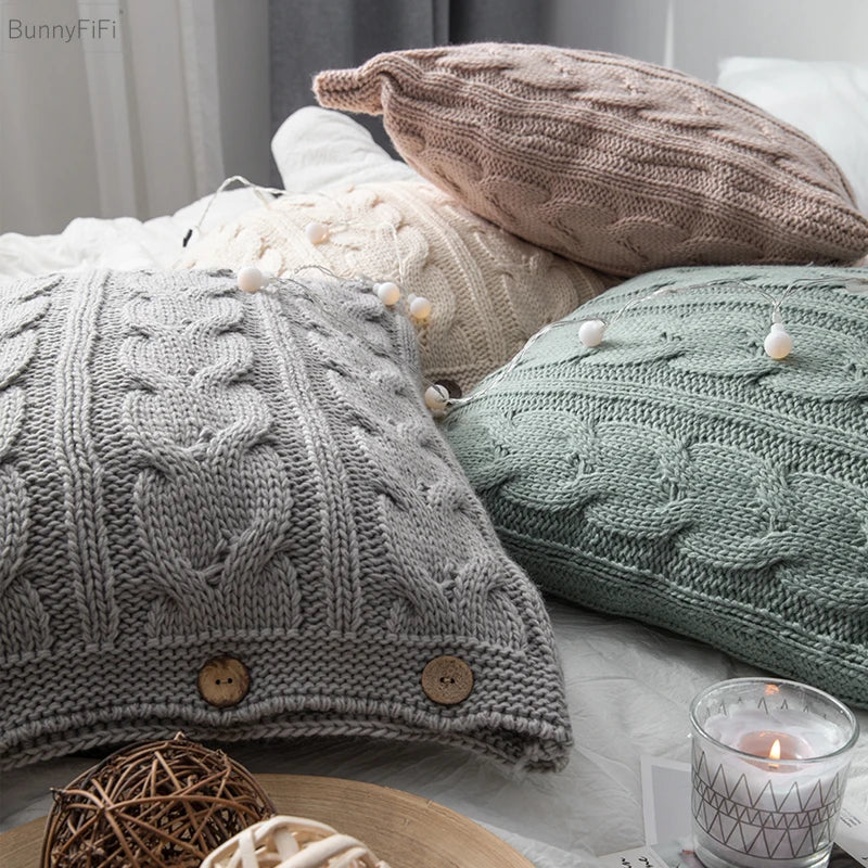 Afralia™ Soft Cotton Plait Knit Cushion Cover Vintage Ivory Grey Pink Solid 45cm*45cm