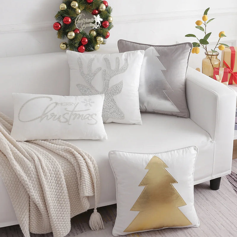 Afralia™ Silver Grey Deer Embroidered Cushion Cover: Stylish Christmas Tree Letter Pillow Case