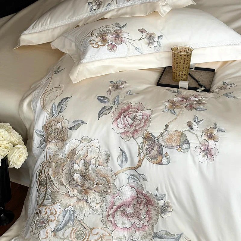 Afralia™ 5-Piece Chinese Flowers Bird Embroidery Bedding Set, 1000TC Egyptian Cotton, Queen King