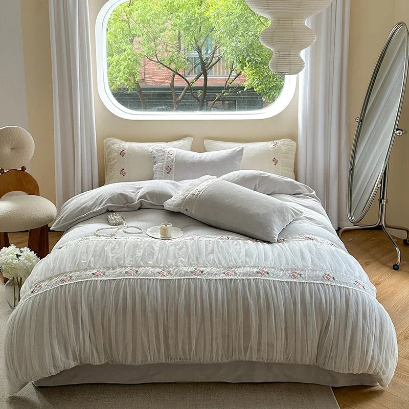 Afralia™ Pink Velvet Fleece Bedding Set with Flowers Embroidery & Lace Pleat