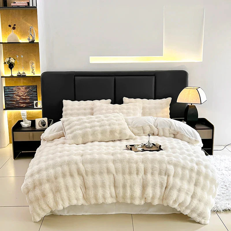 Afralia™ Gradient Gray Faux Rabbit Fur Velvet Bedding Set: Duvet Cover, Bedsheet, Pillowcase