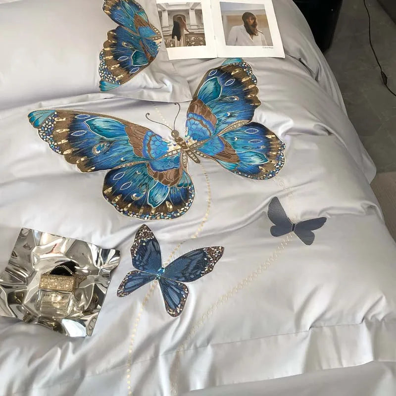 Afralia™ Butterfly Embroidery Bedding Set: King/Queen/Ru Size Bed Linens, Sheet, Pillowcase, Comforter Cover
