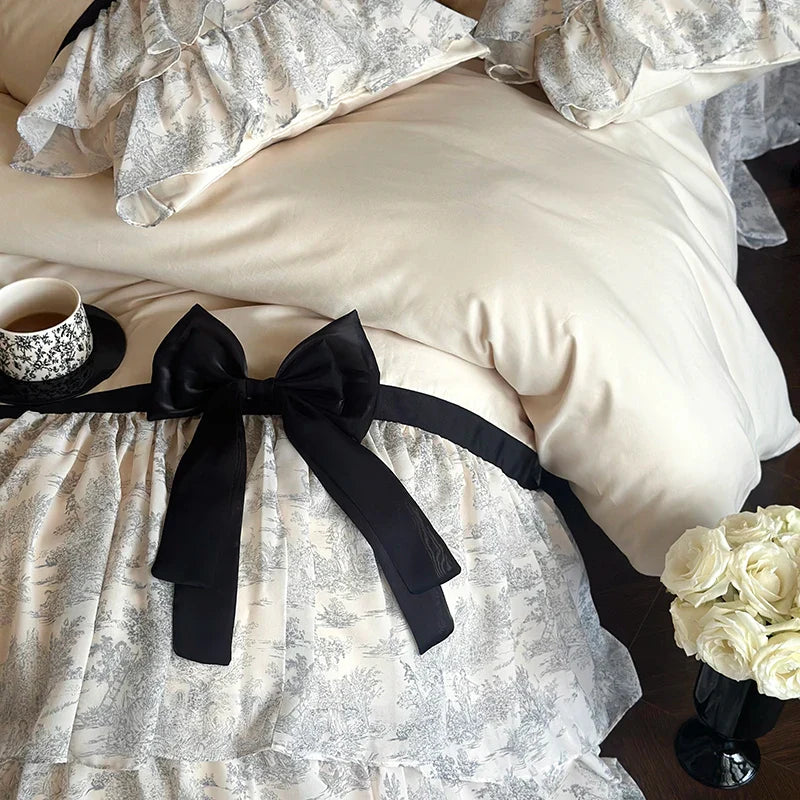 Afralia™ Lace Ruffles Bow Princess Bedding Set: Egyptian Cotton Duvet Cover, Bedskirt, Bedspread, Pillowcases
