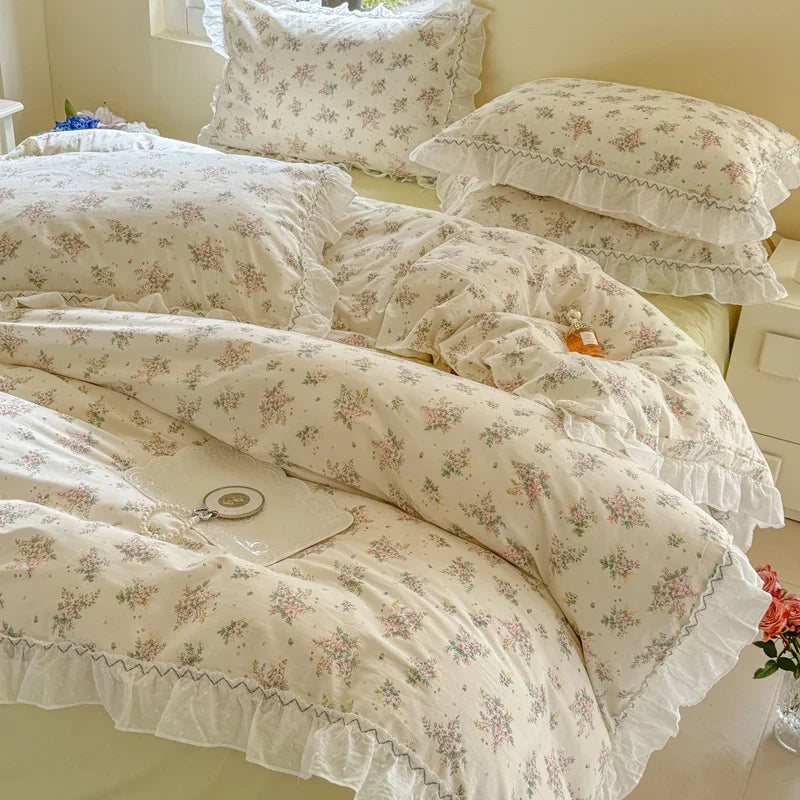 Afralia™ Floral Lace Ruffle Cotton Bedding Set with Quilt Cover, Duvet Cover, and Pillowcases