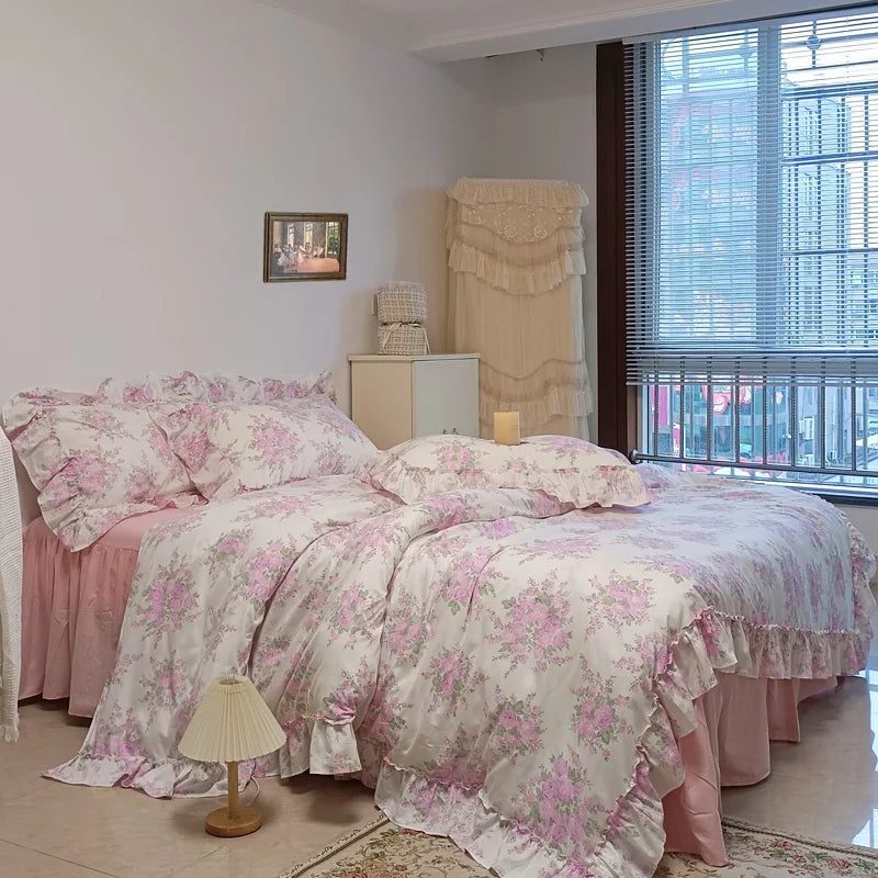Afralia™ French Rose Flowers Print Lace Ruffles Cotton Bedding Set - Duvet, Bed Skirt, Sheets & Pillowcases
