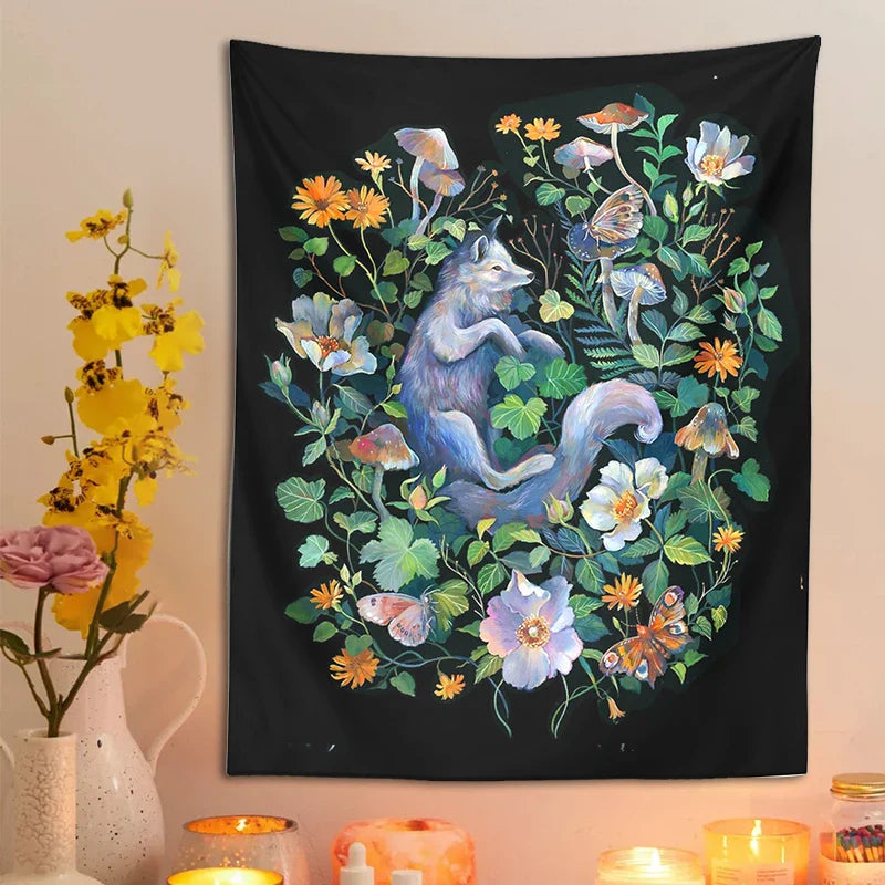 Afralia™ Botanical Floral Garden Tapestry Wall Hanging Fox Wildflower Hippie Psychedelic Home Decor