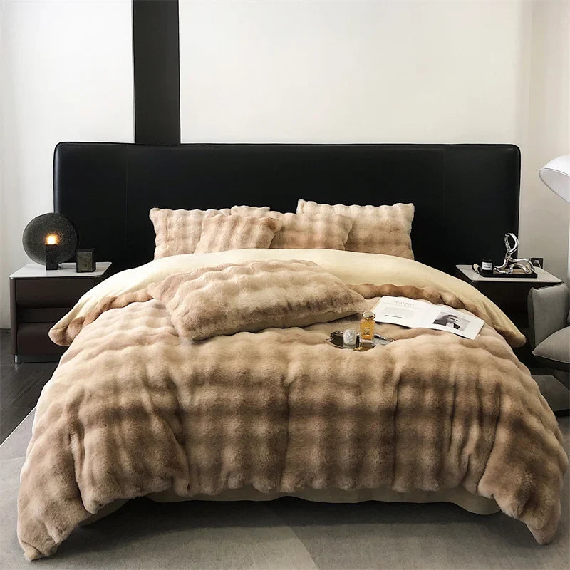 Afralia™ Faux Rabbit Fur Velvet Bedding Set, Plush Duvet Cover, Sheet, Pillowcases, Gradient Color