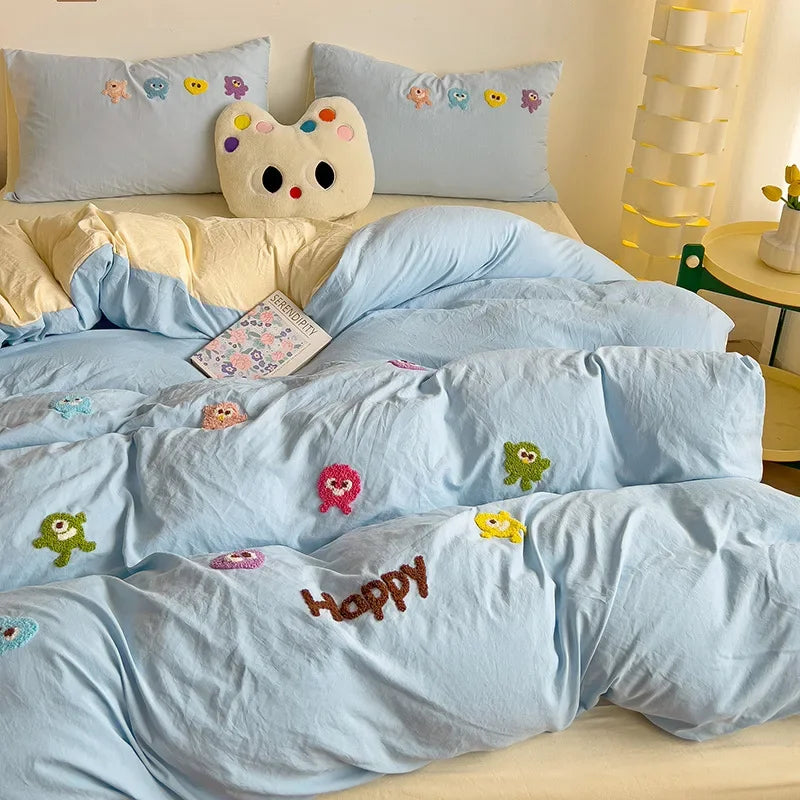 Afralia™ Cartoon Towel Embroidery Bedding Set in Soft Washed Cotton for Kids