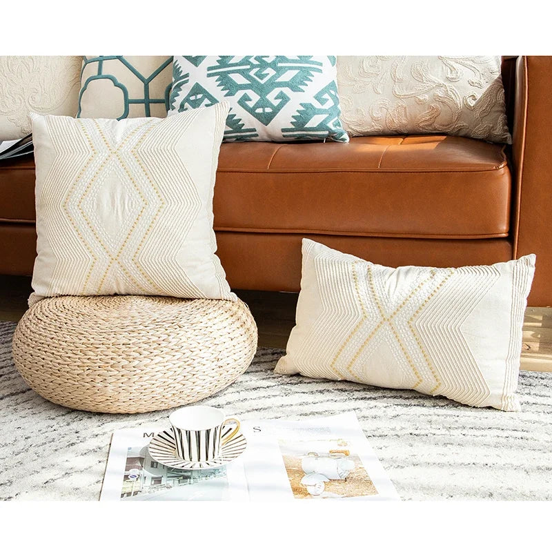 Afralia™ Ivory Geometric Embroidery Cushion Cover - Home Decor for Living Room Sofa Bed