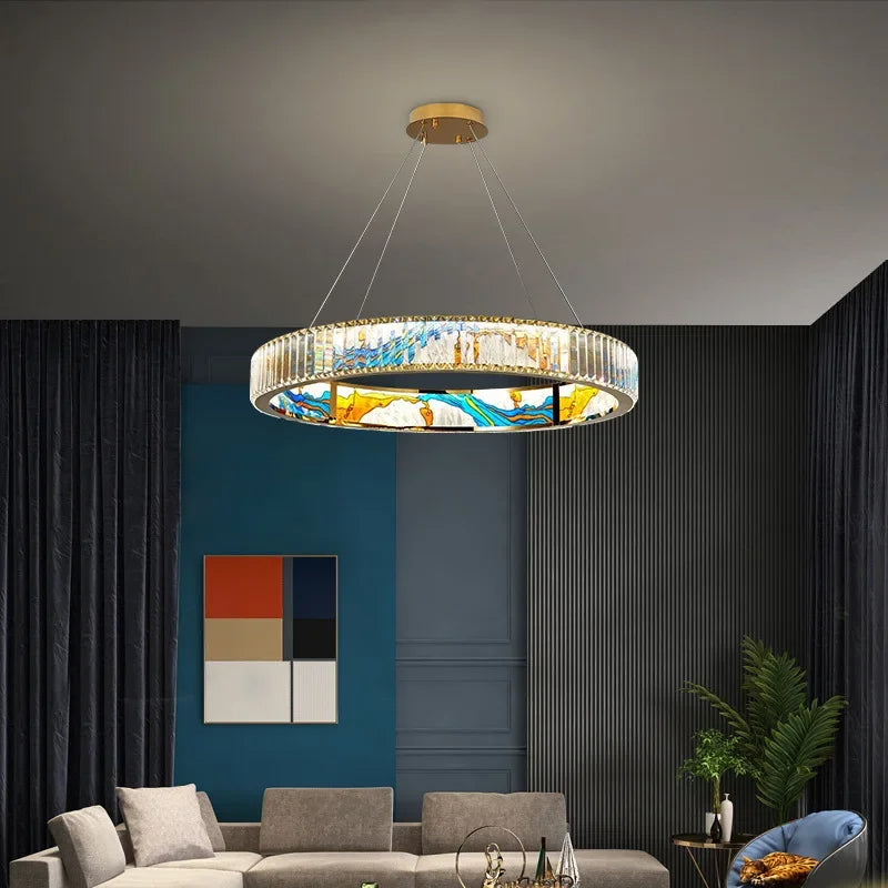 Afralia™ Luxury Enamel Chandelier Crystal Glass Pendant Light with LED Ring for Villa Decor