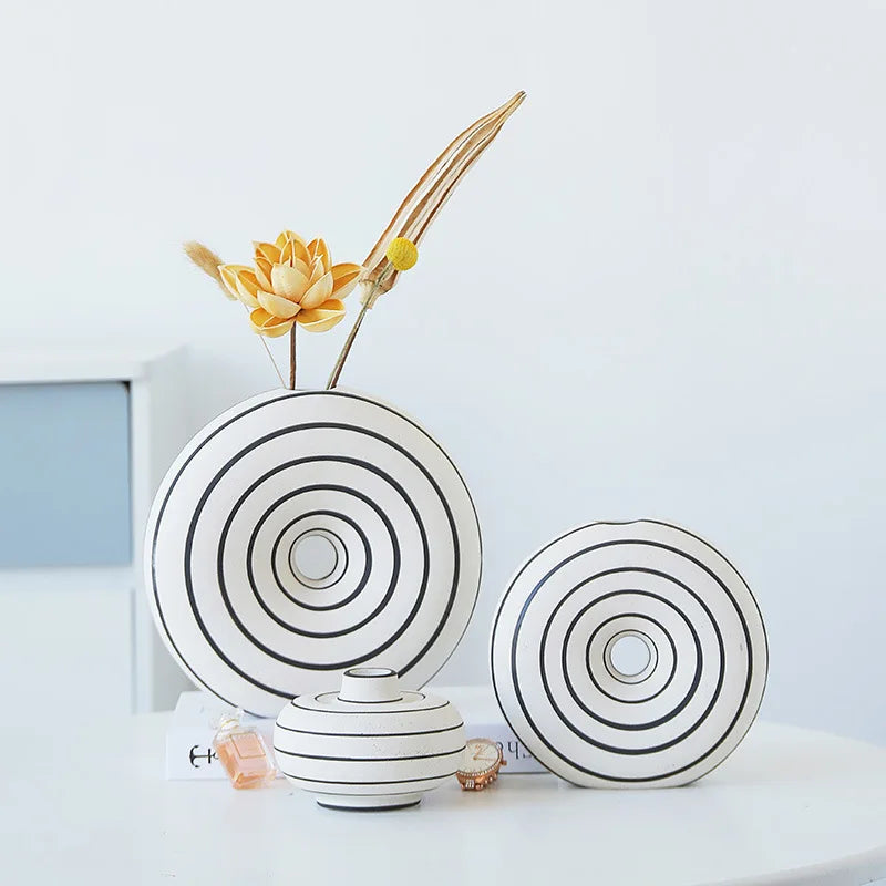 Afralia™ Geometric Stripes Ceramic Vase with Round Cut-outs for Home Decor