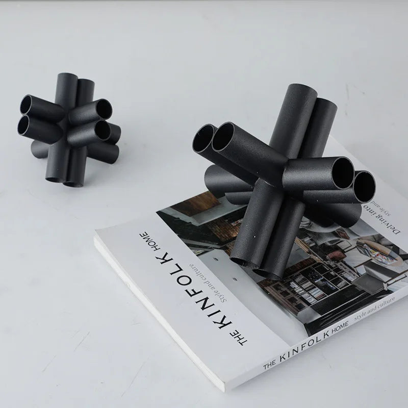 Afralia™ Geometric Pipe Cross Star Black Metal Decorative Figurines