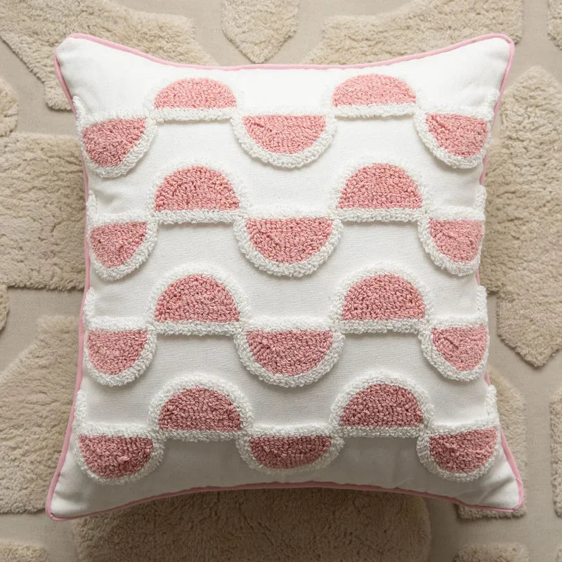 Afralia™ Geometric Embroidered Loop Tufted Throw Pillow Covers - Pink Tufted Cushion Cover