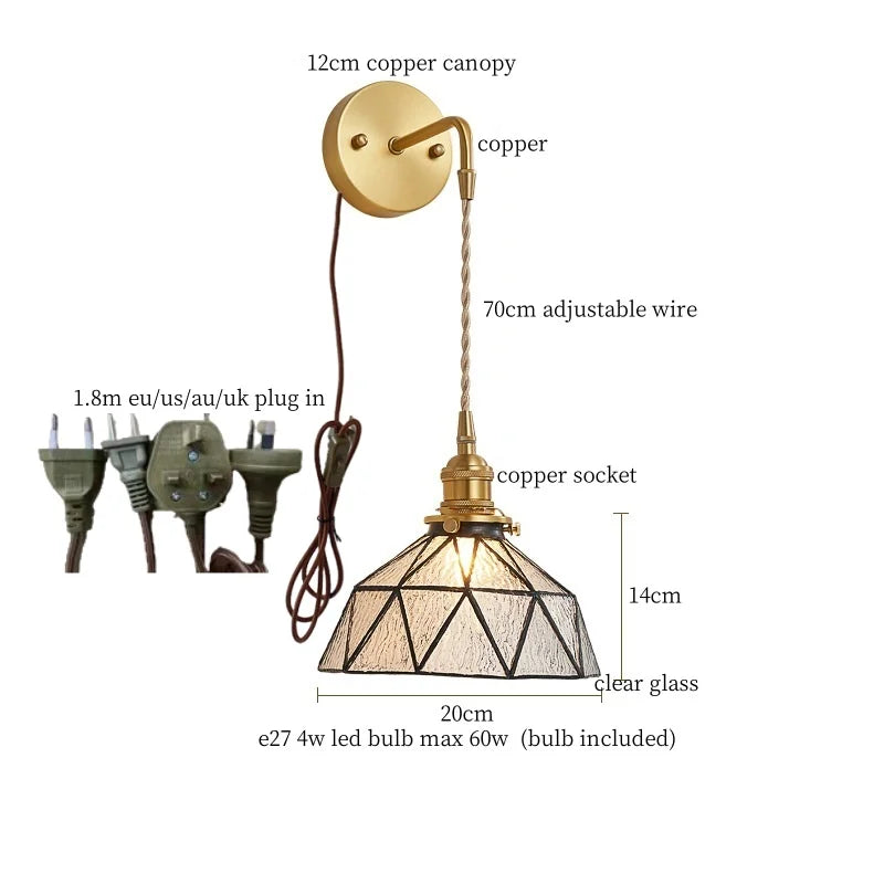 Afralia™ Tiffany Glass LED Wall Lamp Pull Chain Switch Vintage Copper Wall Lights