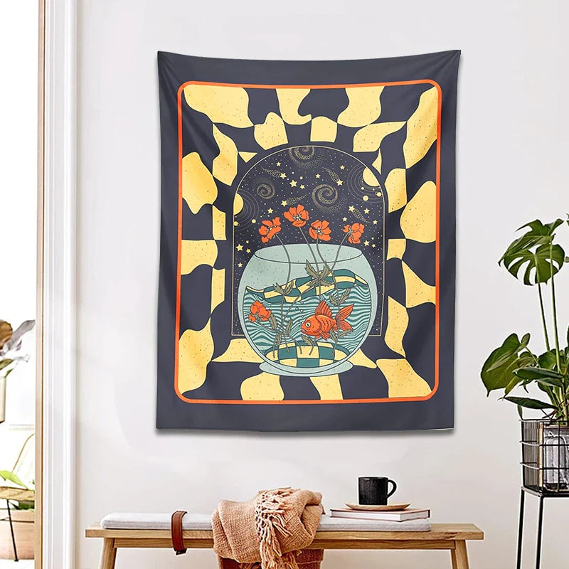 Afralia™ Psychedelic Goldfish Tapestry Wall Hanging Star Geometry Flower Decor