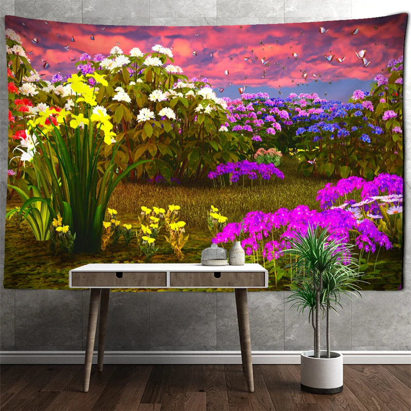 Rhododendron Bush Landscape Tapestry by Afralia™: Psychedelic Hippie Wall Decor for Living Room