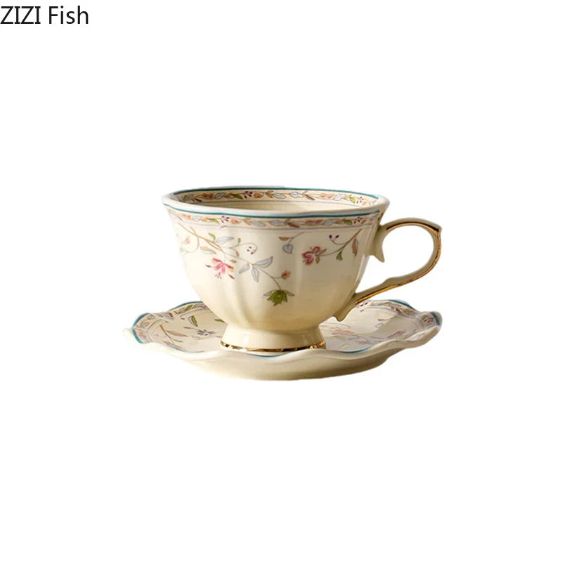Afralia™ Elegant Floral Ceramic Cup & Saucer Set for Dining Table and Coffee Mug