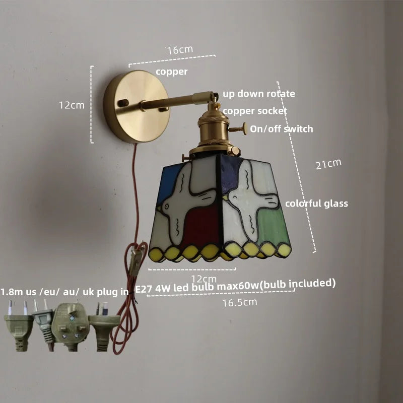Afralia™ Peace Pigeon Rotatable Wall Lamp - Colorful Tiffany Style Glass, Pull Chain Switch