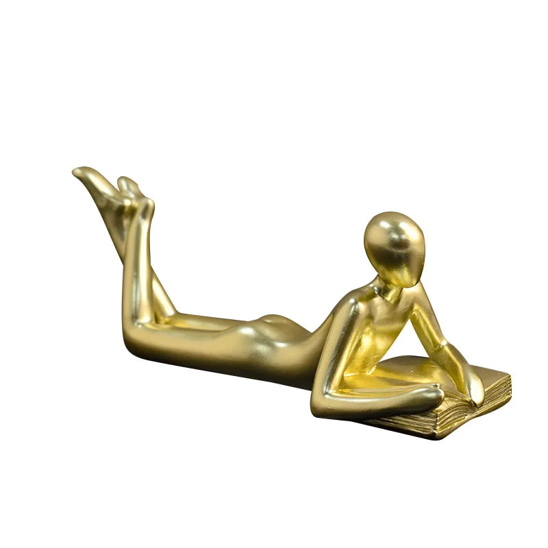 Afralia™ Golden Thinker Reader Man Resin Figure: Abstract Home Decor Figurine