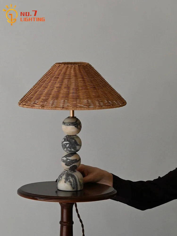 Afralia™ Wabi-Sabi Marble Table Lamp LED Rattan Weaving Desk Light for Home & Hospitality