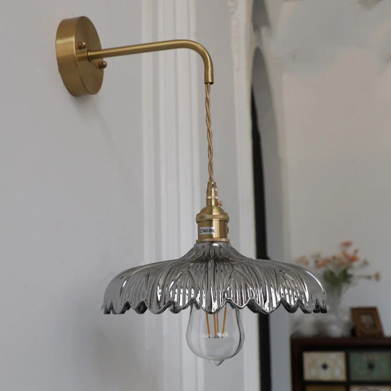 Afralia™ Amber Vintage LED Wall Light Glass Copper Pull Chain Switch Hallway Lamp