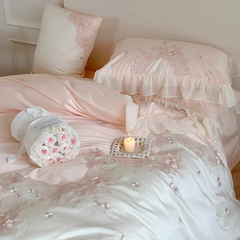 Afralia™ French Romantic Lace Ruffles Flowers Embroidery Bedding Set in Pink & Blue Cotton