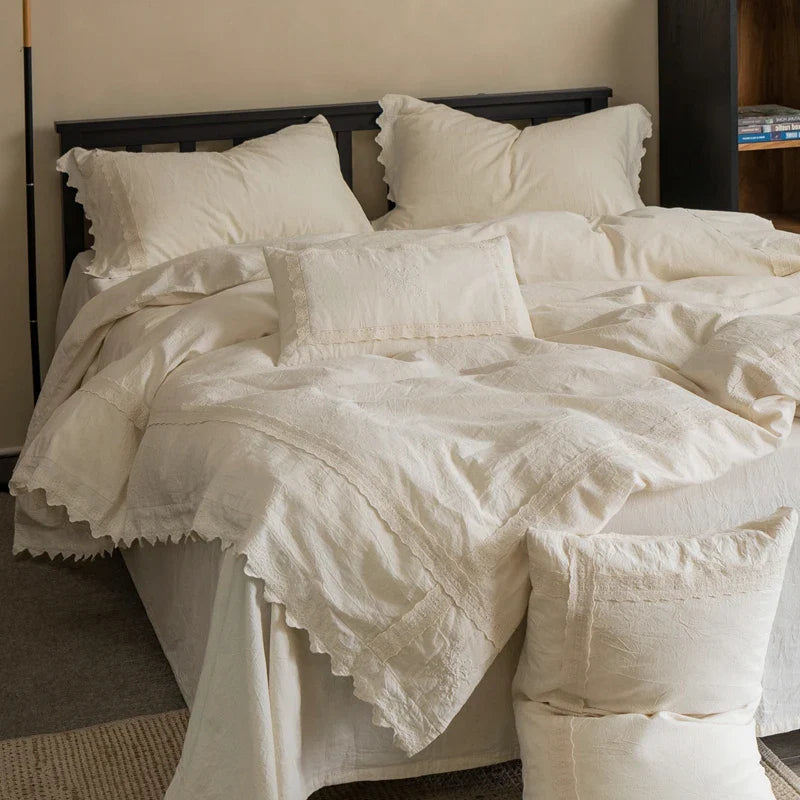 Afralia™ Cotton Linen Bedding Set, French Style Vintage Duvet Cover, Flat & Fitted Sheet