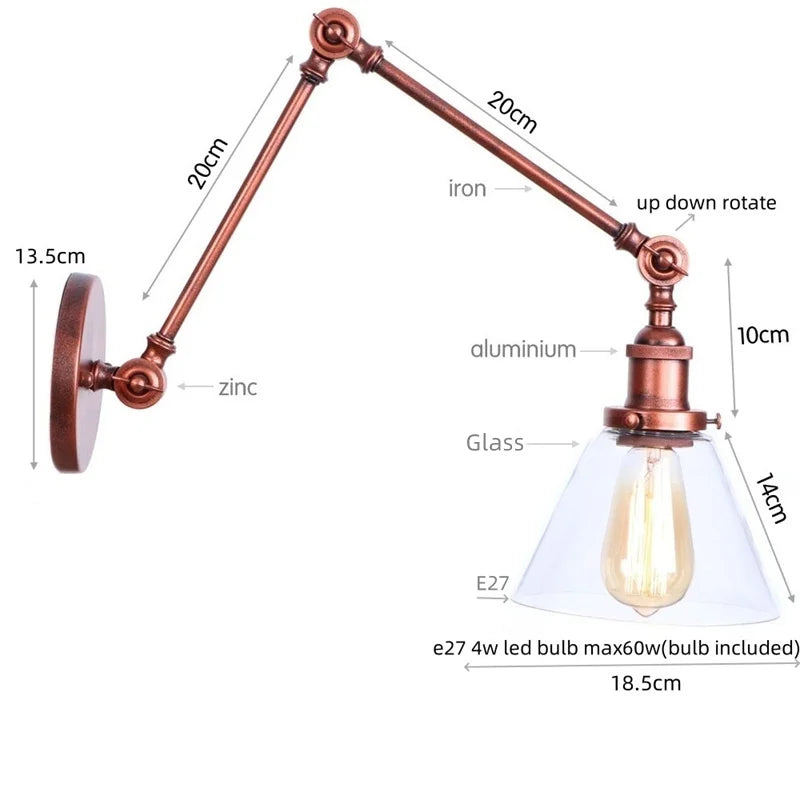 Afralia™ Swing Arm LED Wall Lights Pull Chain Switch Glass Ball Industrial Home Decor