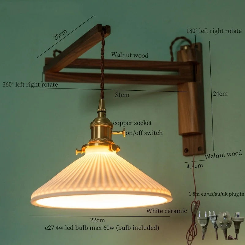 Afralia™ Nordic Ceramic LED Wall Light - Stretchable Folding Walnut Wood Loft Bedside Lamp
