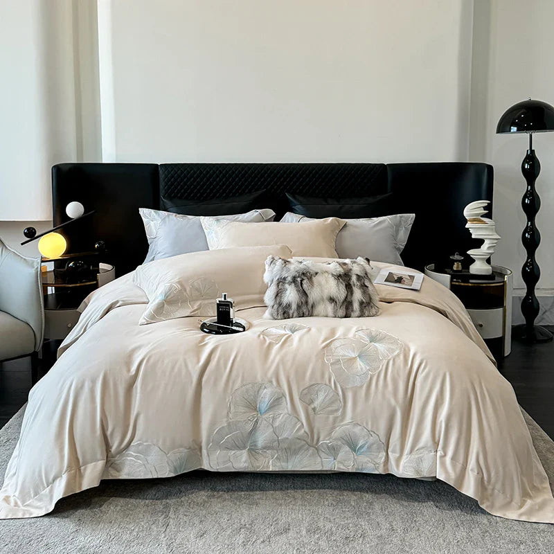 Afralia™ Pink Luxury Flower Embroidery 4-Piece Bedding Set - 1000TC Egyptian Cotton