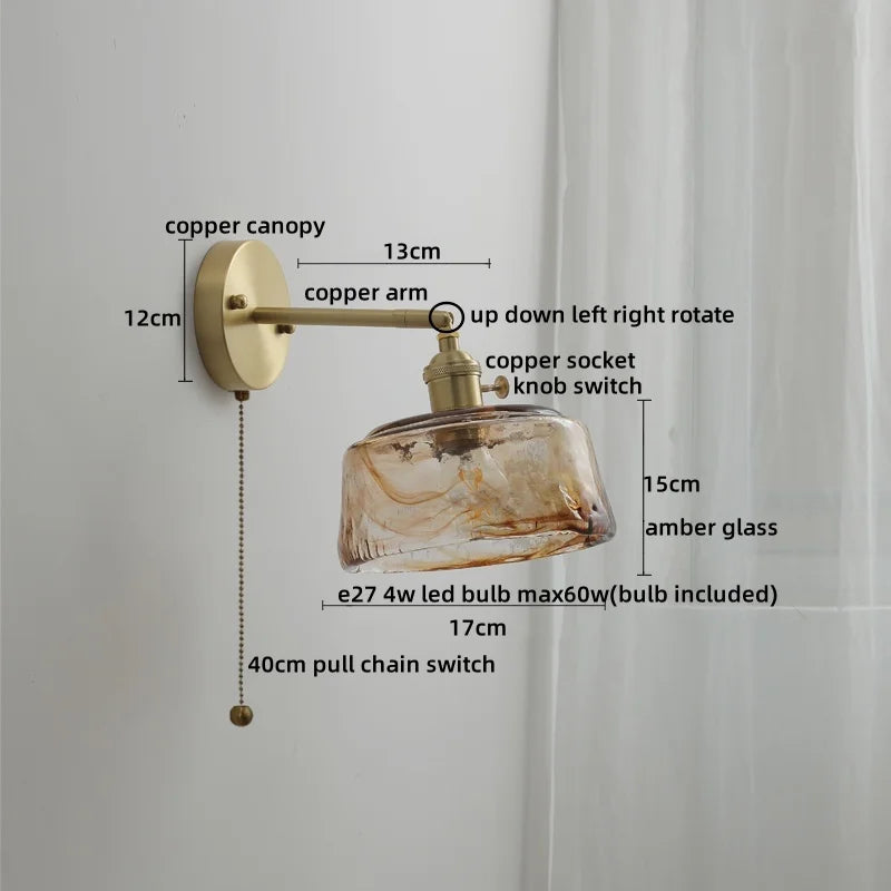 Afralia™ Glass Copper LED Wall Lamp with Knob Switch for Modern Home Decor