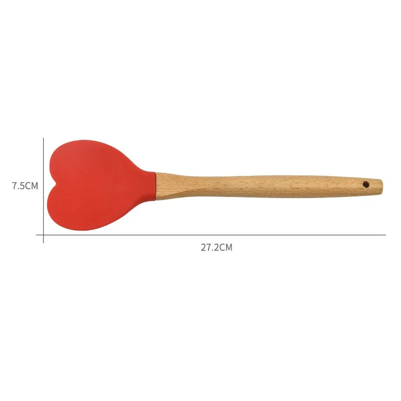 Silicone Heart Spatula with Wooden Handle by Afralia™: Baking & Cooking Utensil