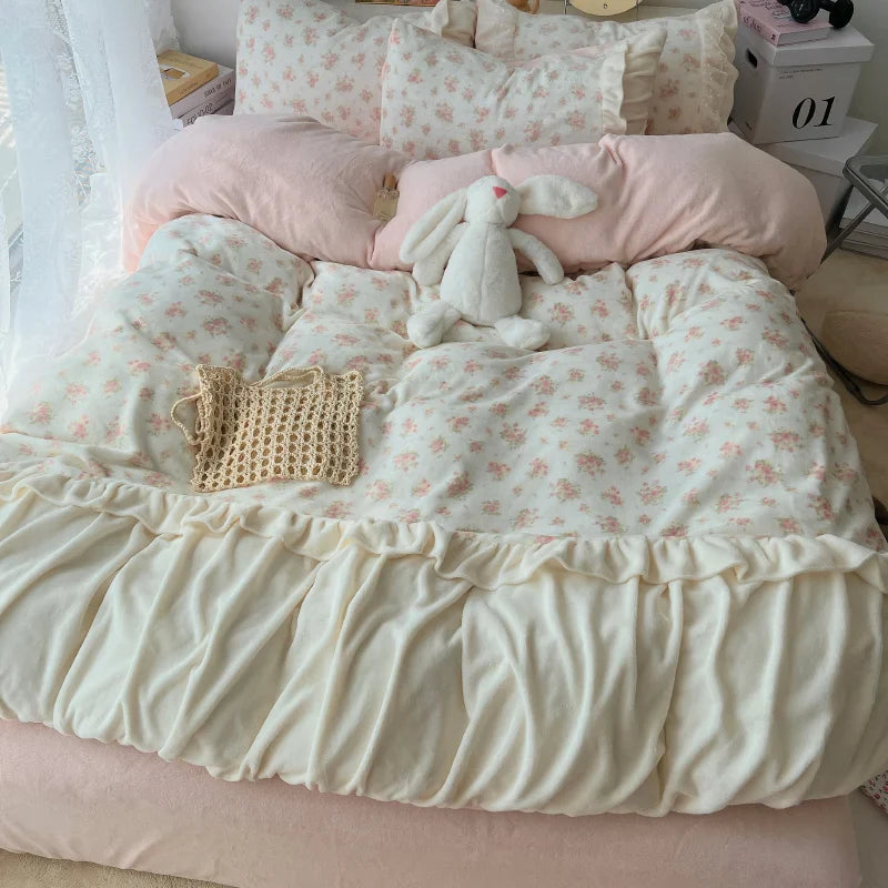 Afralia™ Vintage French Lace Ruffles Bedding Set with Winter Warm Velvet, Single Queen King Size