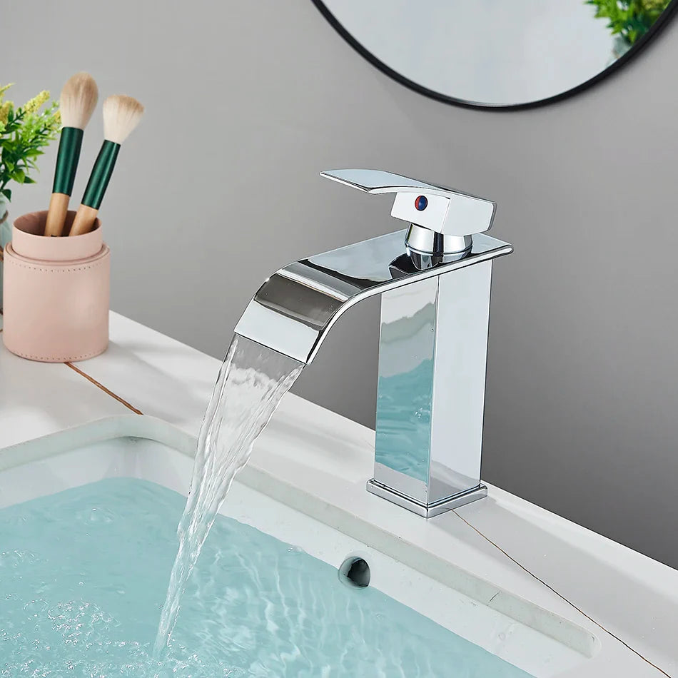 Afralia™ Waterfall Brass Basin Faucet Hot&Cold Mixer Vanity Tap, Deck Mounted Washbasin Taps.