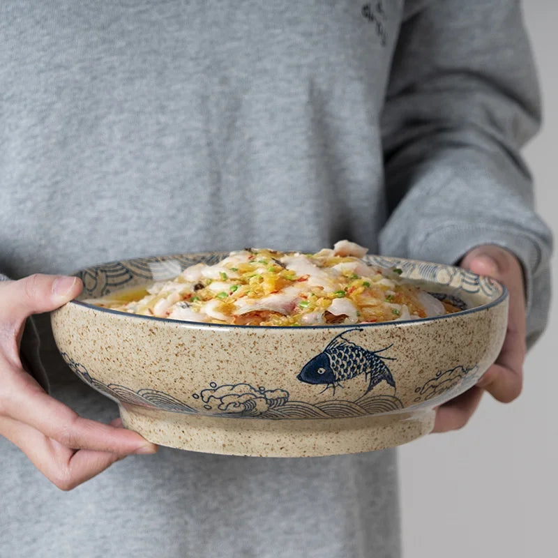 Afralia™ 9" Retro Ceramic Ramen Noodle Bowl - Japanese Style Soup Bowl for Pickled Cabbage Fish